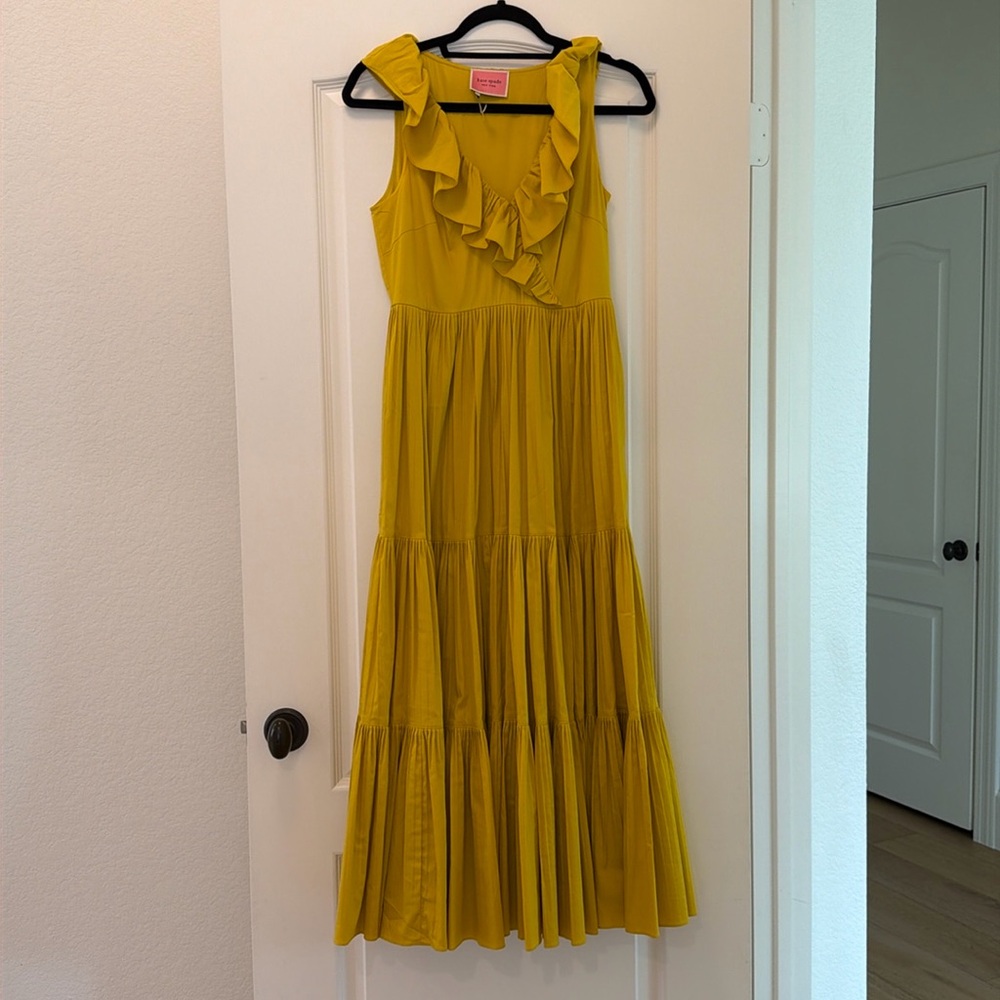 Kate spade yellow poplin dress with ruffles bright v neck ankle length worn once